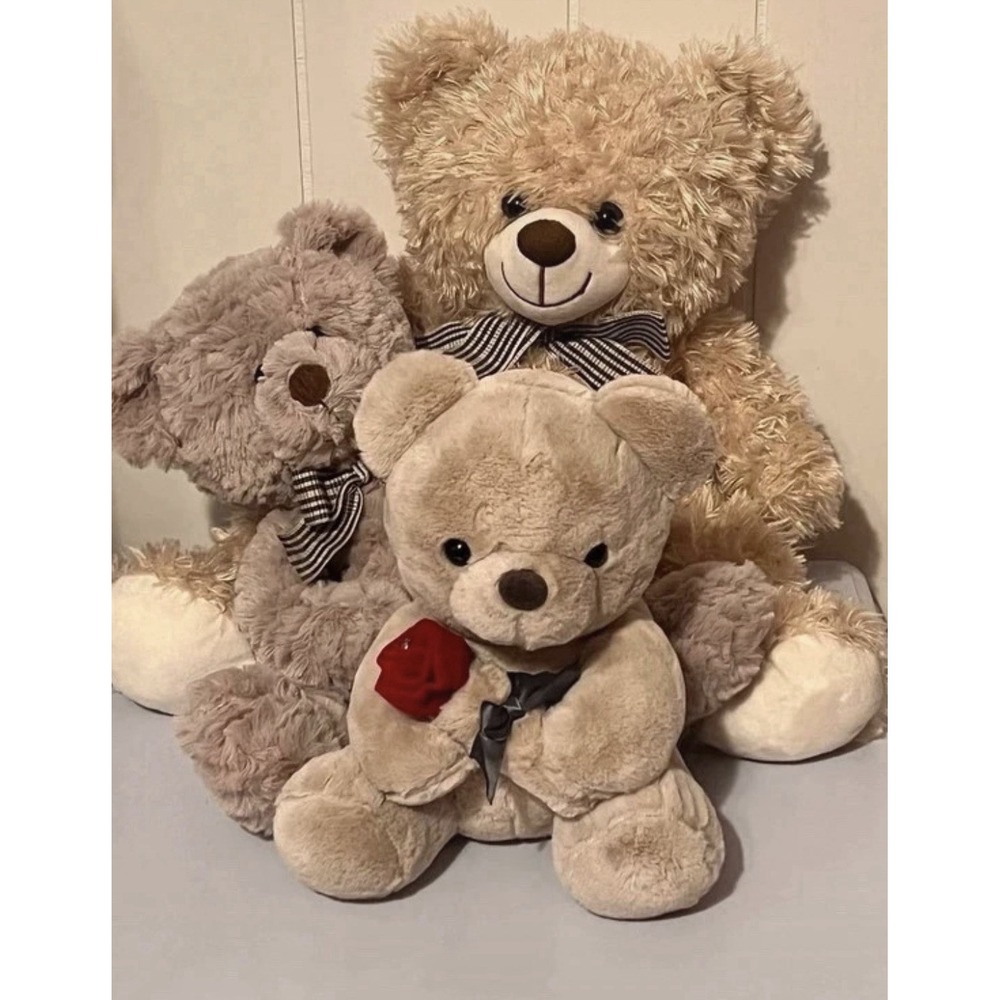 Lot Of 3 Bears Burton + Burton Stuffed Teddy Bear With Gingham Bow Rose